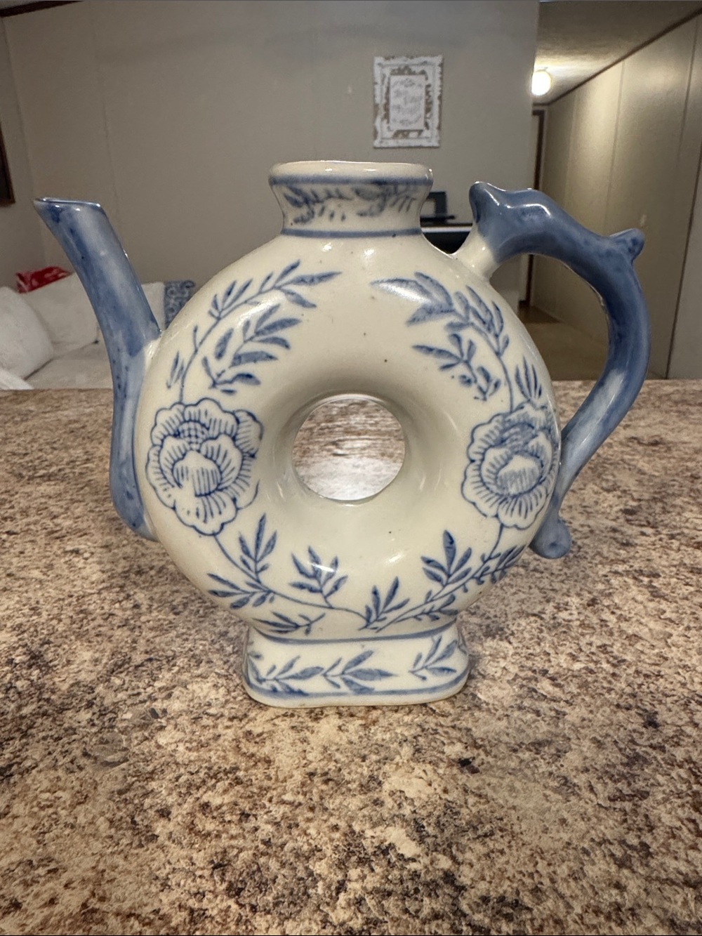 Blue and White Floral Ceramic Donut Teapot - Decorative Home Art